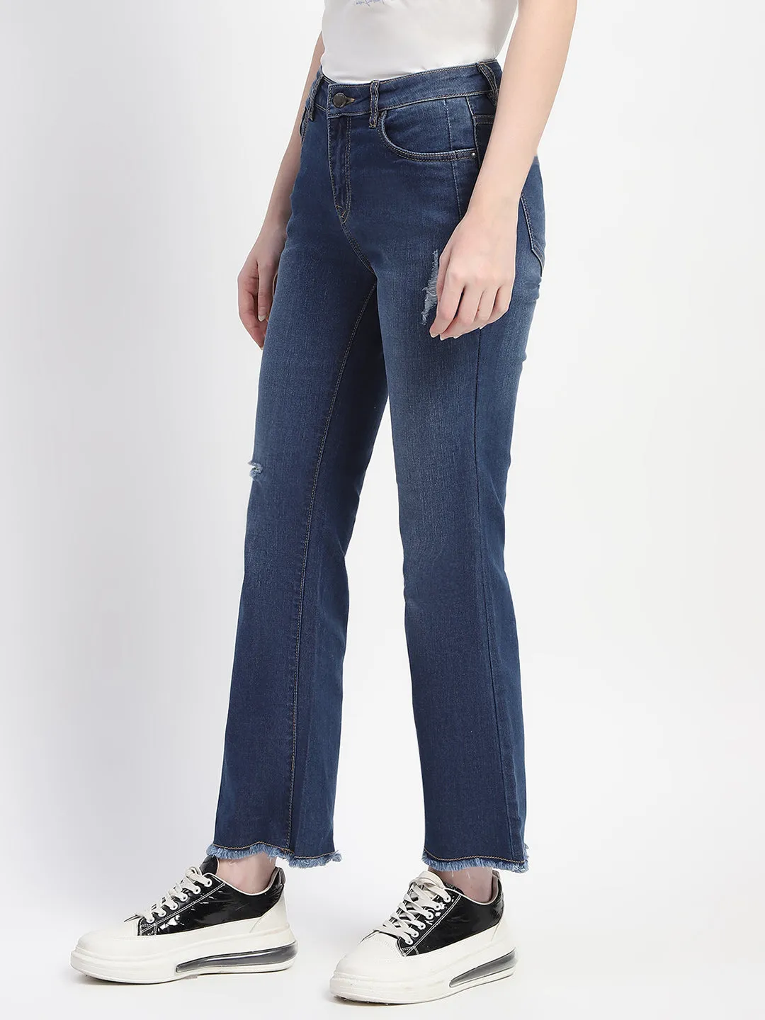 Madame Ripped Frayed Hem Navy Blue Flared Jeans