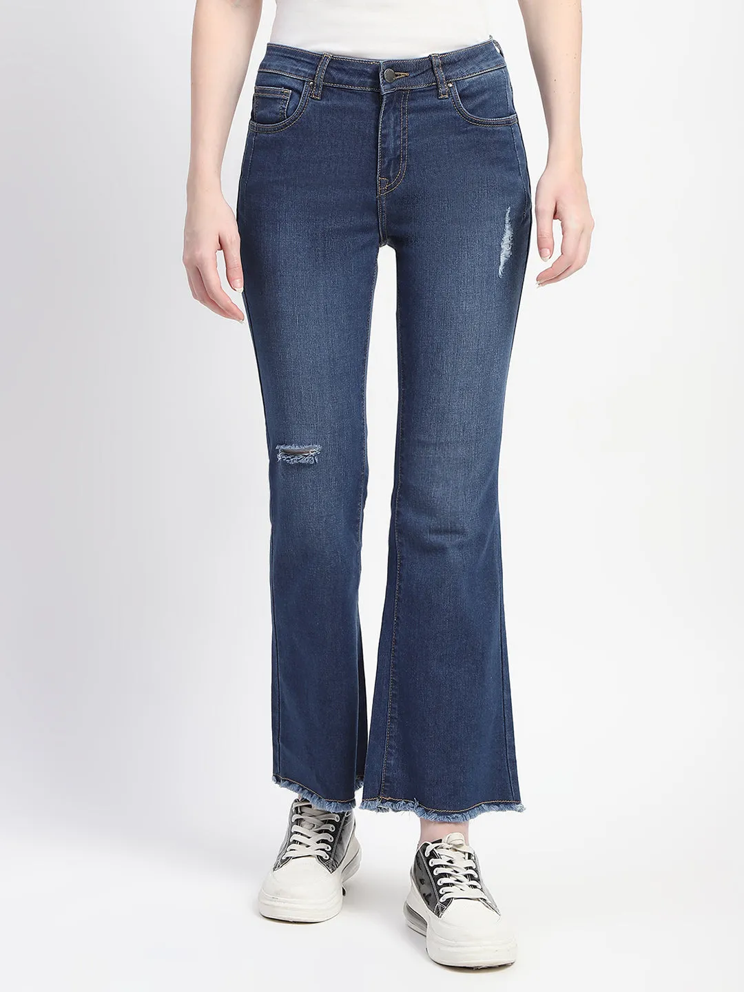 Madame Ripped Frayed Hem Navy Blue Flared Jeans
