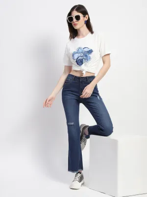 Madame Ripped Frayed Hem Navy Blue Flared Jeans
