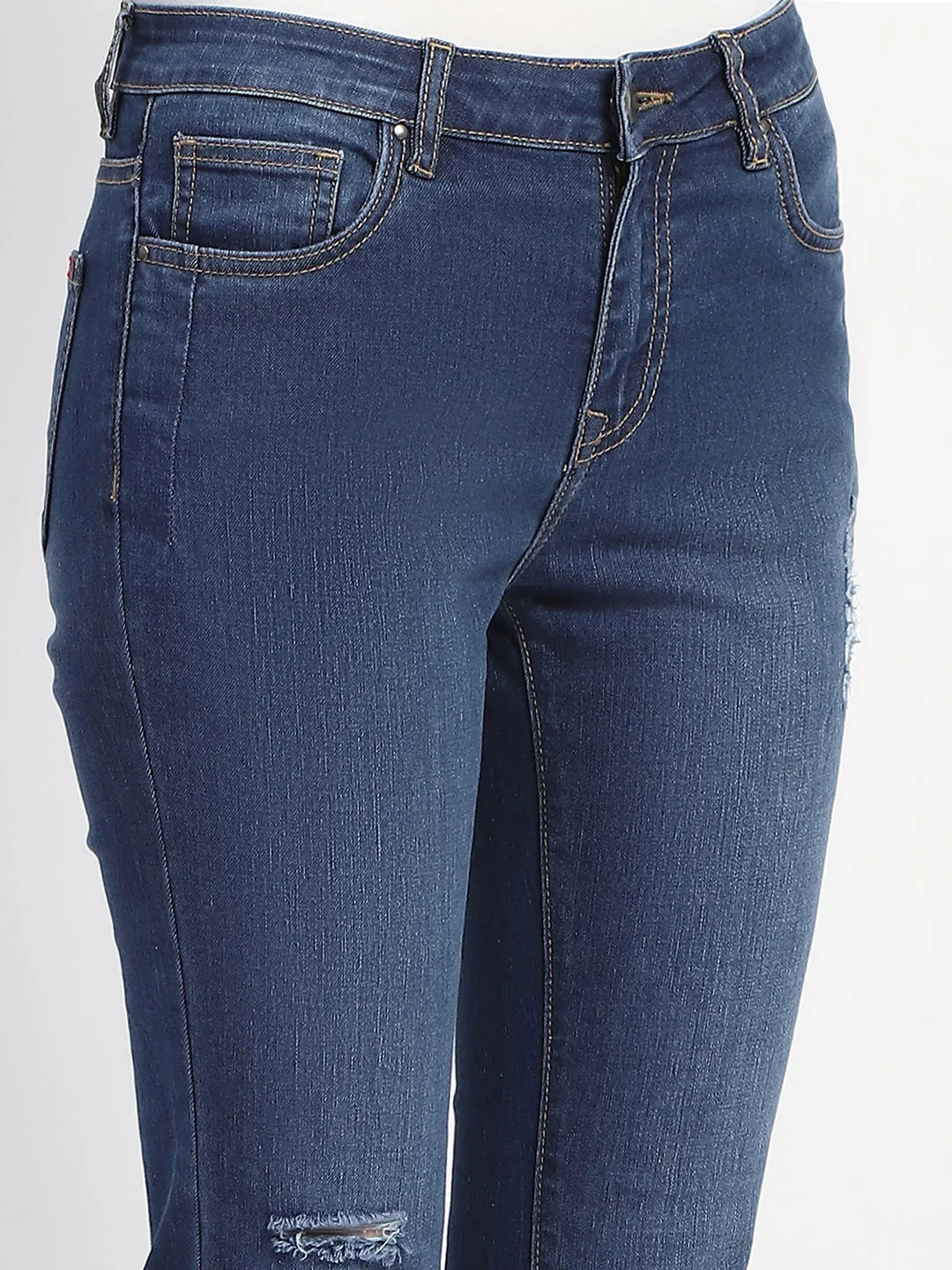 Madame Ripped Frayed Hem Navy Blue Flared Jeans