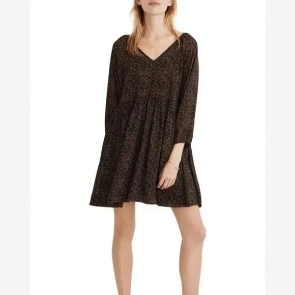 MADEWELL Crinkle Georgette V-Neck Babydoll Mini Dress LEOPARD PRINT SIZE XXS