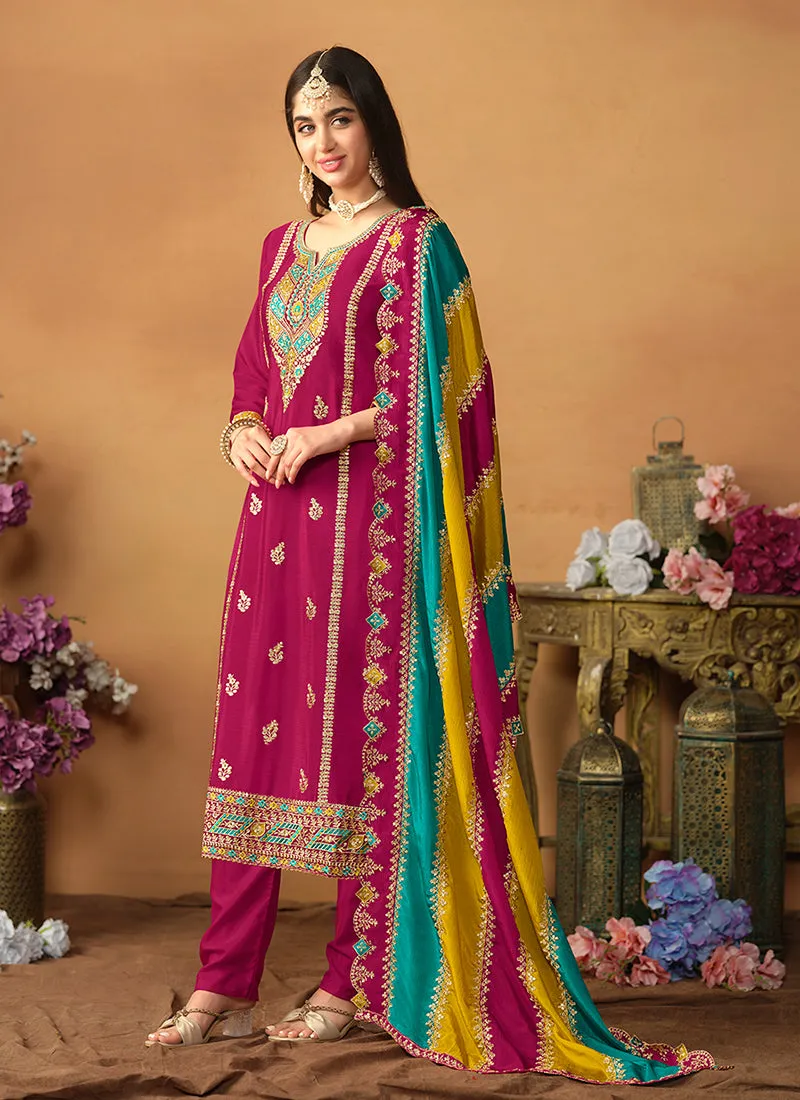 Magenta Multi Embroidery Traditional Pant Style Suit