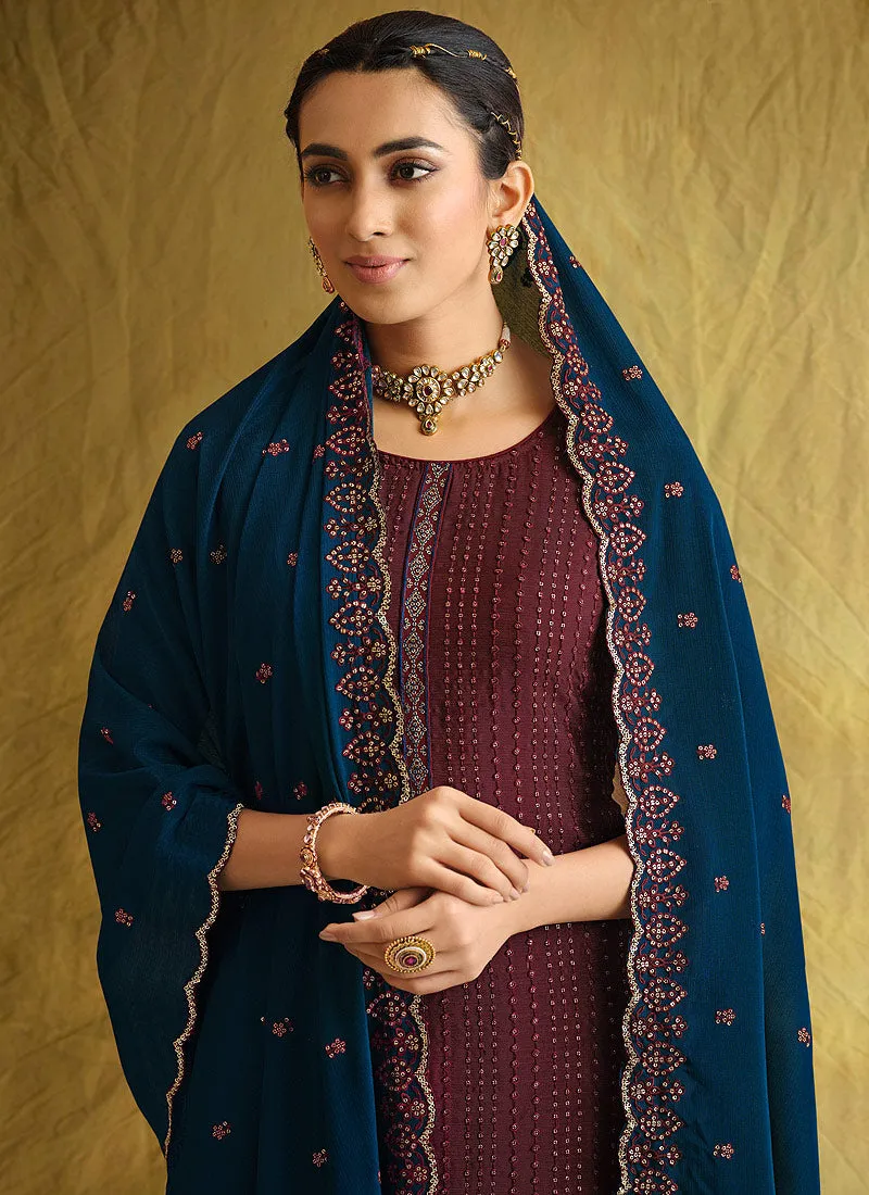 Maroon And Blue Embroidered Palazzo Suit