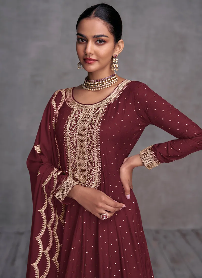 Maroon Embroidery Designer Anarkali Palazzo Suit