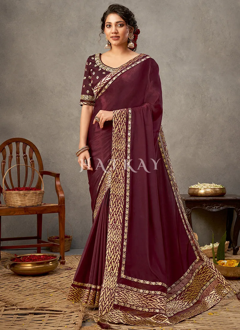 Maroon Golden Zari Embroidery Silk Saree