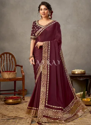 Maroon Golden Zari Embroidery Silk Saree