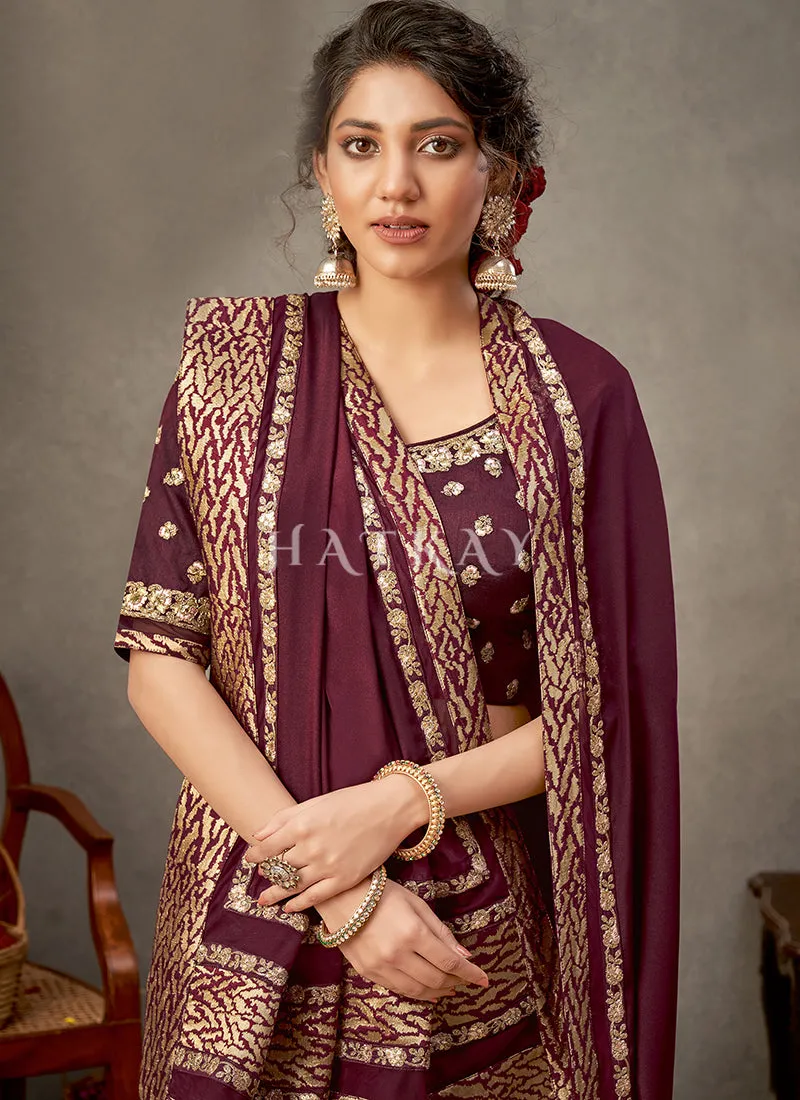 Maroon Golden Zari Embroidery Silk Saree