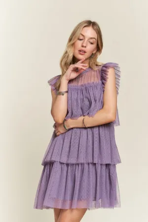 Mauve Layered Ruffled Cap Sleeve Mesh Dress