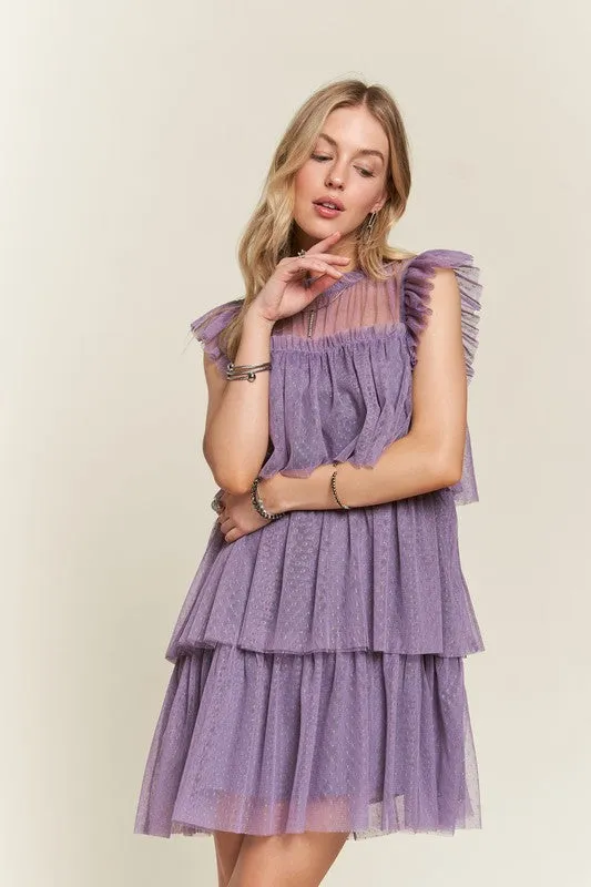 Mauve Layered Ruffled Cap Sleeve Mesh Dress