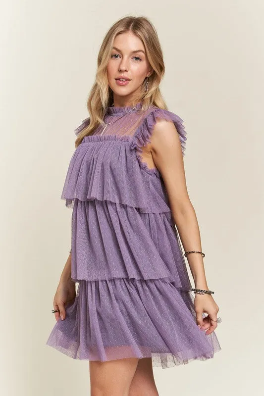 Mauve Layered Ruffled Cap Sleeve Mesh Dress