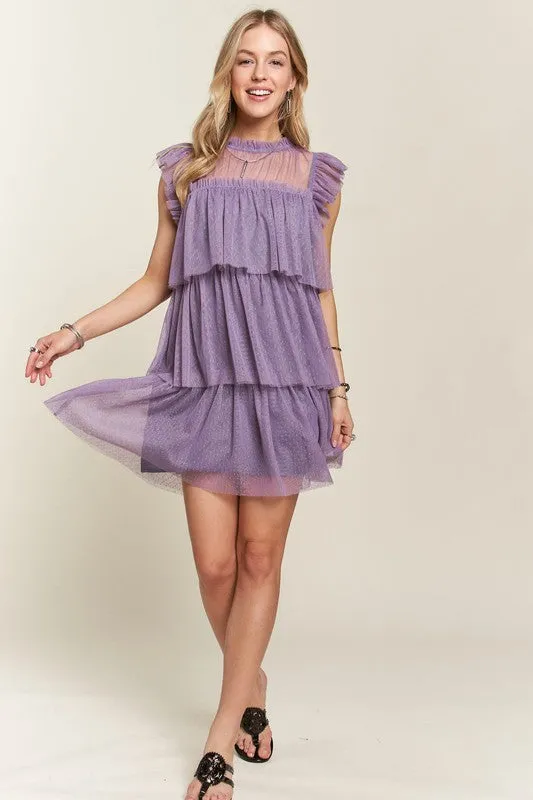 Mauve Layered Ruffled Cap Sleeve Mesh Dress