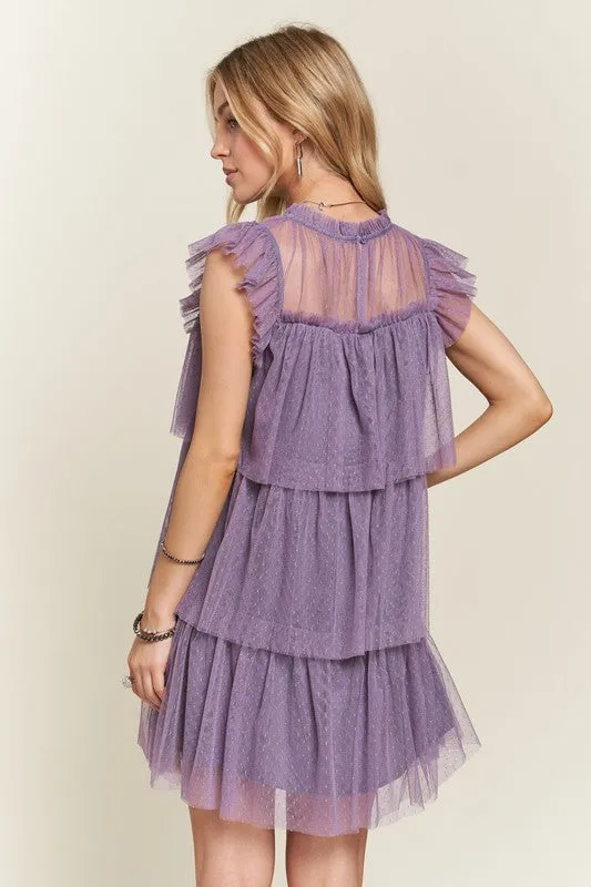 Mauve Layered Ruffled Cap Sleeve Mesh Dress