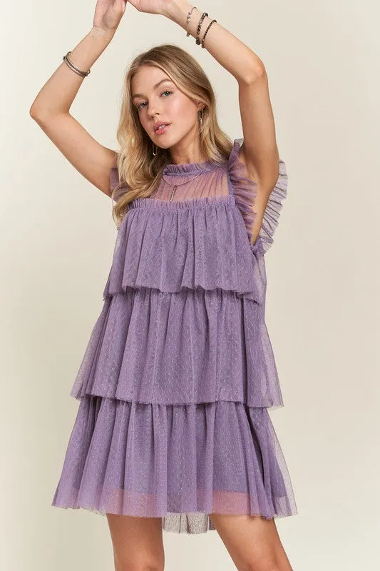 Mauve Layered Ruffled Cap Sleeve Mesh Dress