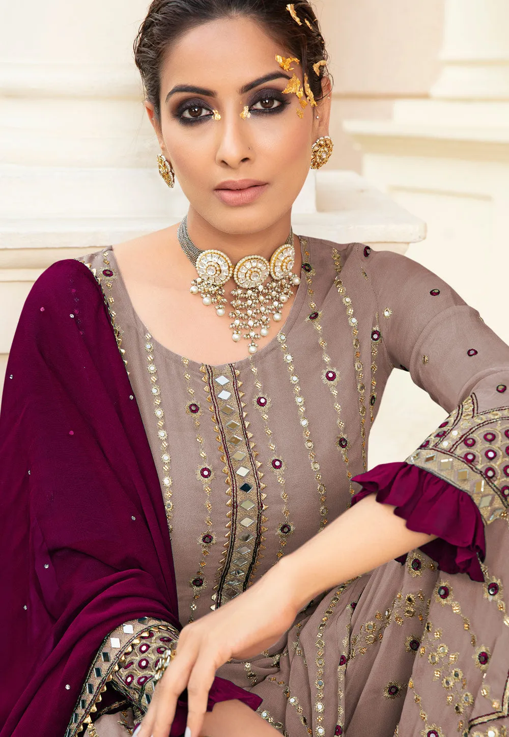 Mauve Mirrorwork Embroidered Gharara Suit