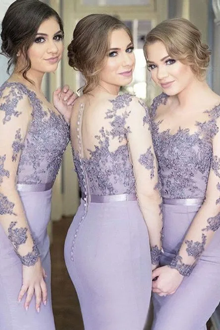 Mermaid Round Neck Long Sleeves Bridesmaid Dress with Appliques OHS034