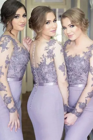Mermaid Round Neck Long Sleeves Bridesmaid Dress with Appliques OHS034