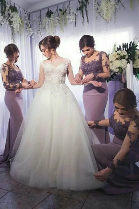 Mermaid Round Neck Long Sleeves Bridesmaid Dress with Appliques OHS034