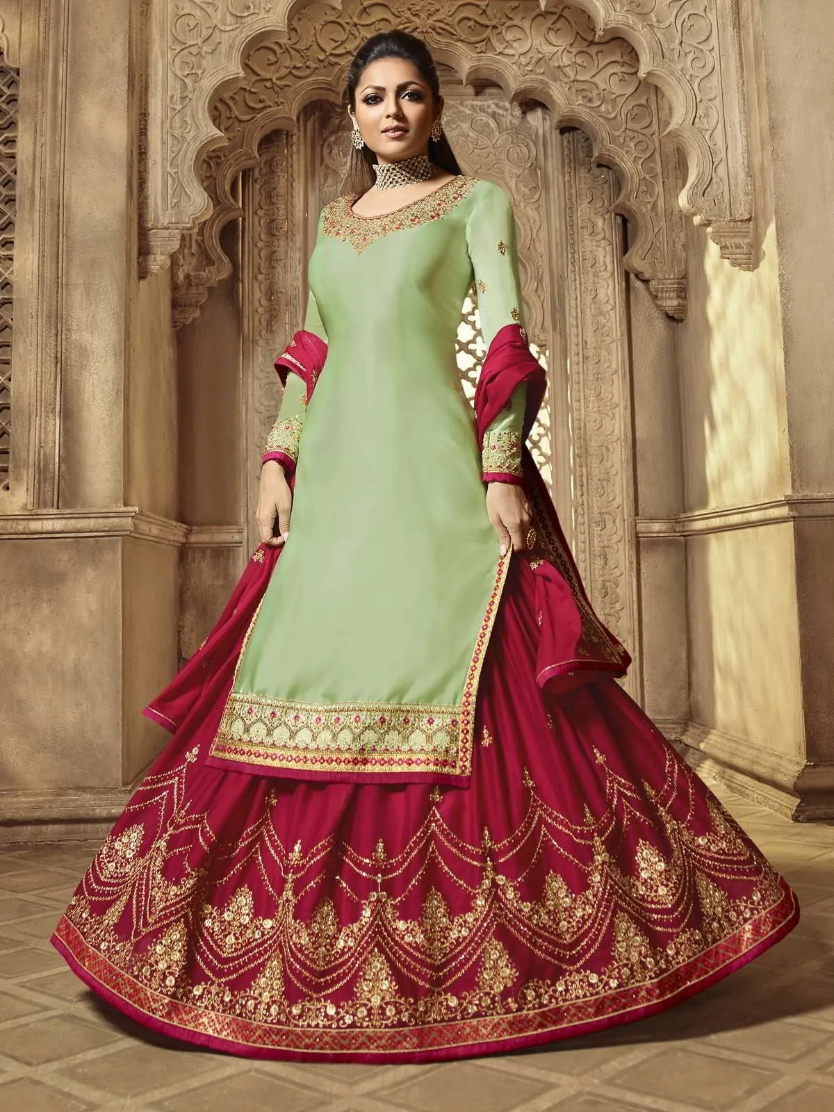 Mint Green And Red Wedding Lehenga Kurti Set