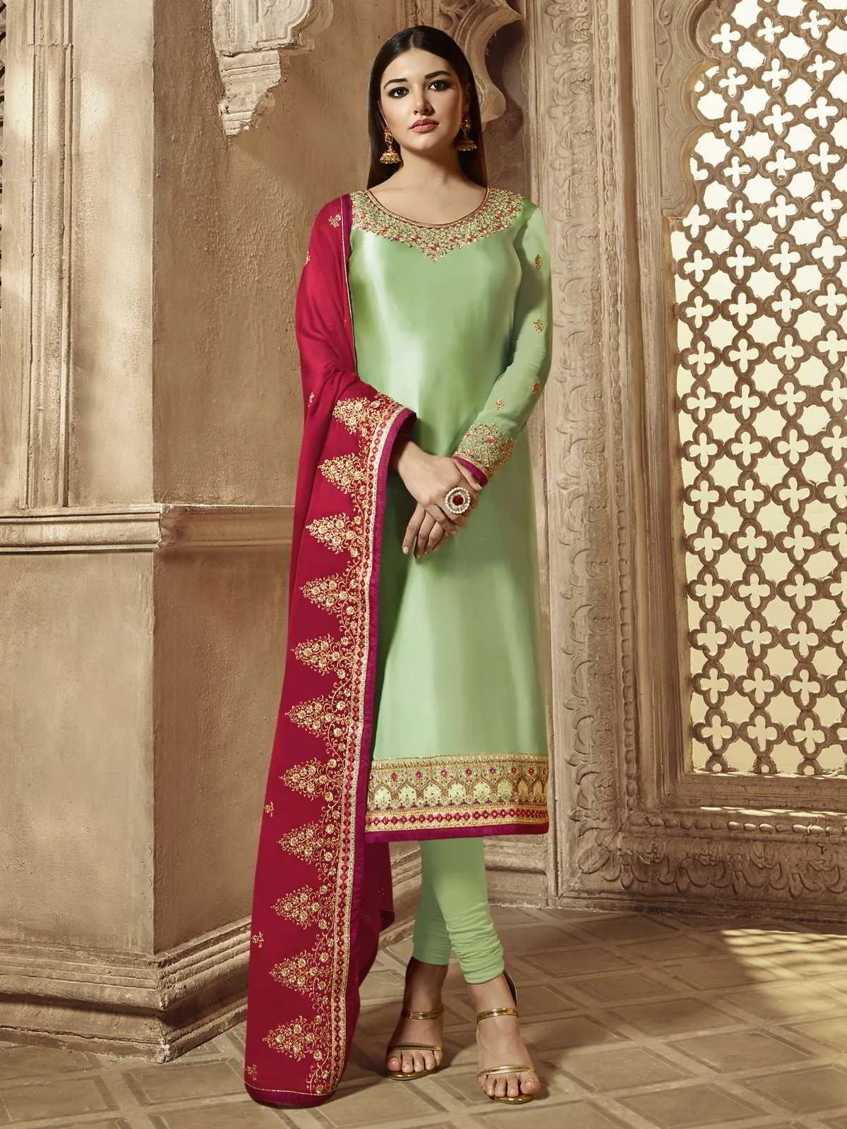 Mint Green And Red Wedding Lehenga Kurti Set