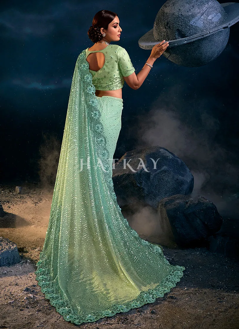 Mint Green Sequence Embroidered Festive Saree