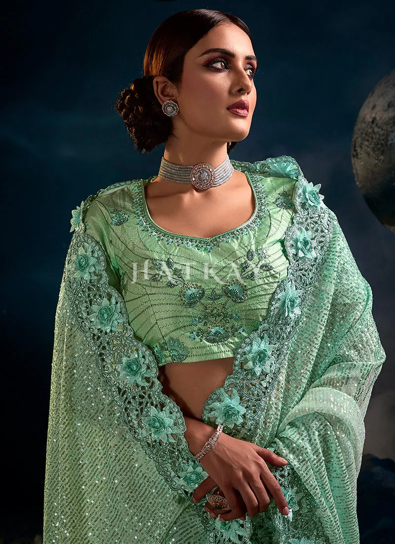 Mint Green Sequence Embroidered Festive Saree