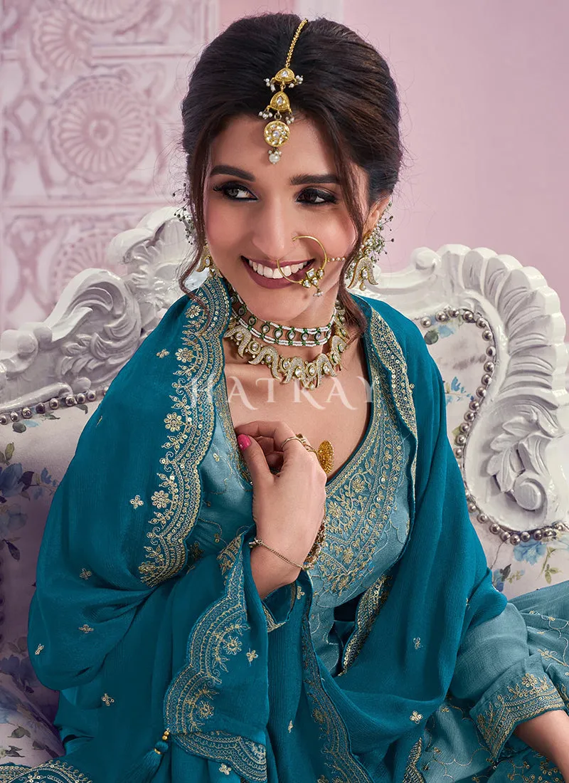 Mist Blue Embroidered Festive Sharara Style Suit