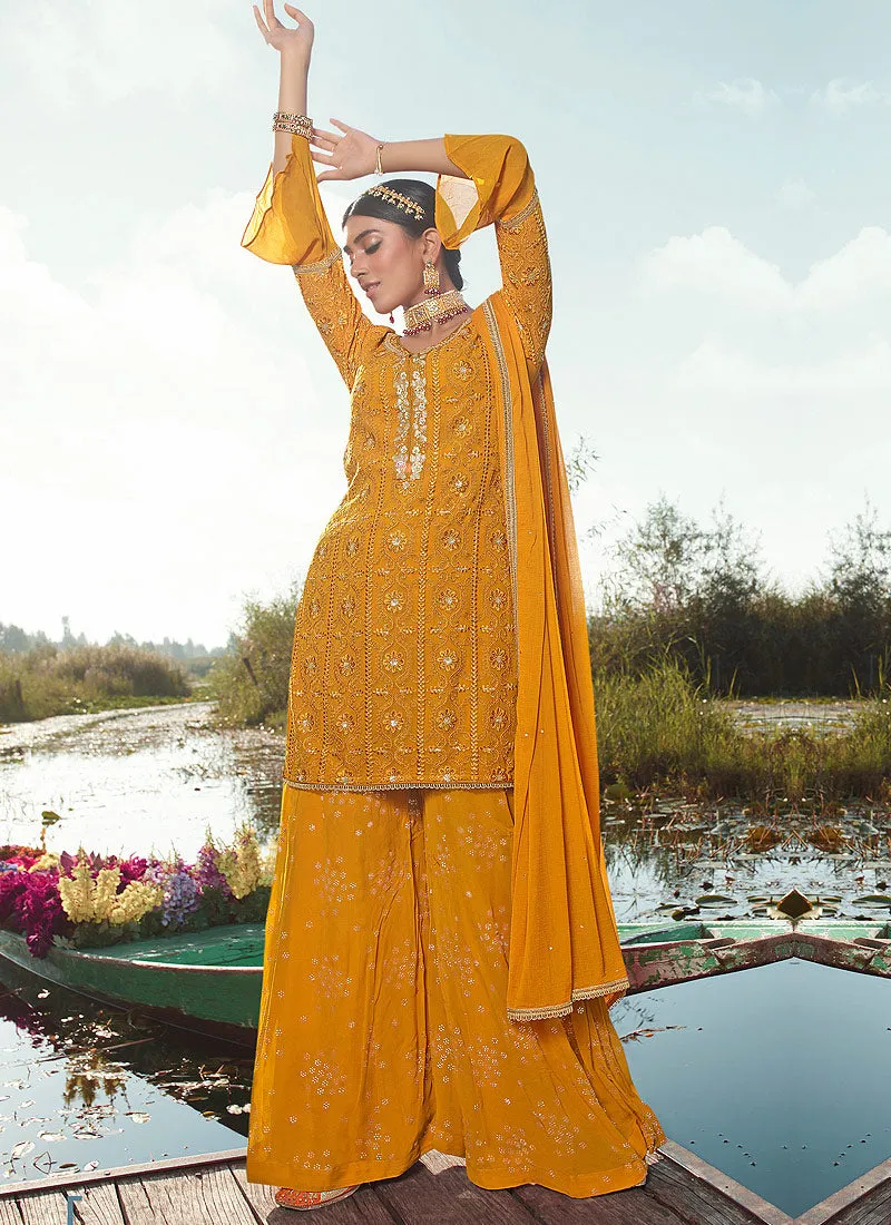 Mustard Sequence Embroidered Gharara Suit
