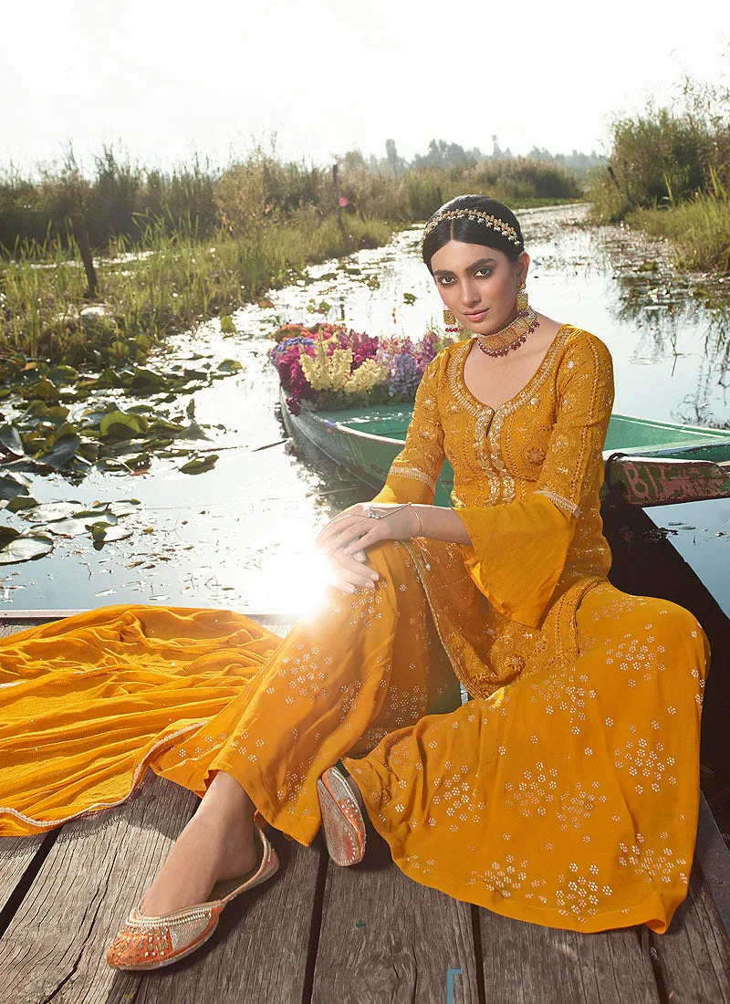 Mustard Sequence Embroidered Gharara Suit
