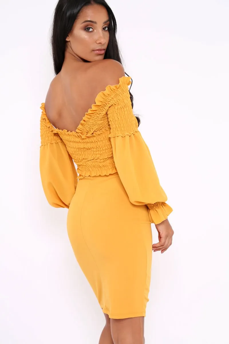 Mustard Shirred Wrap Over Bardot Mini Dress - Natasha