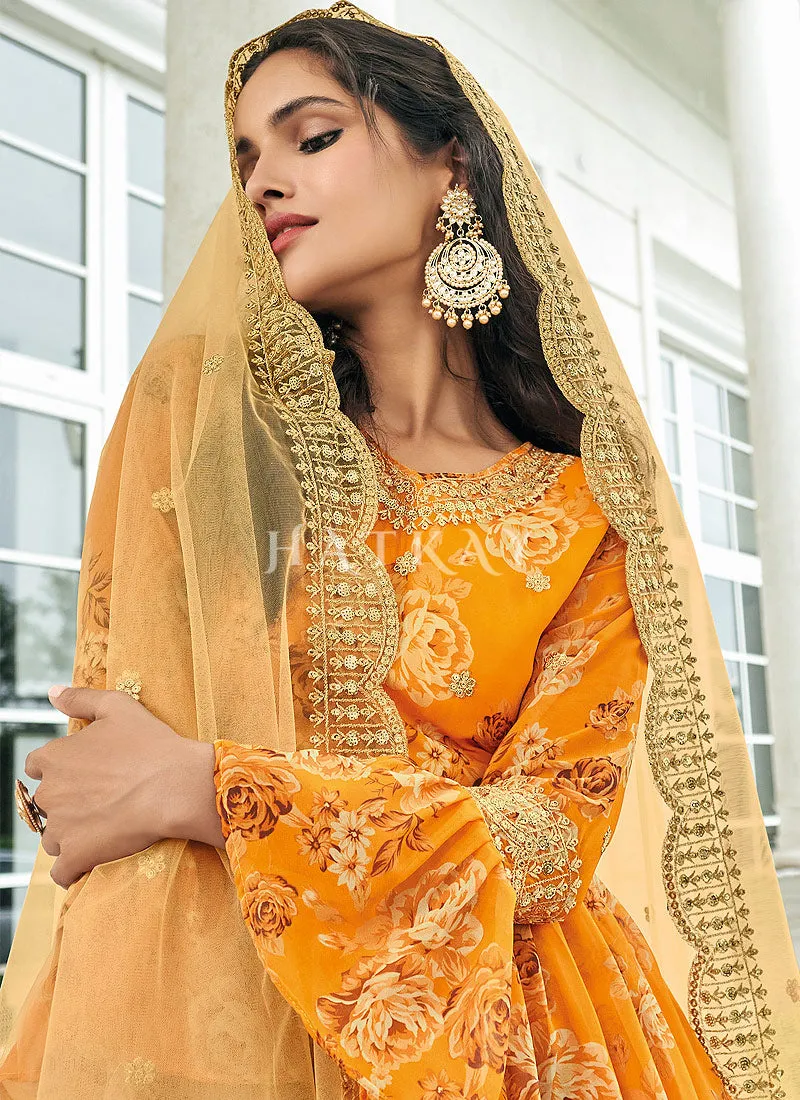 Mustard Yellow Floral Print Sharara Suit