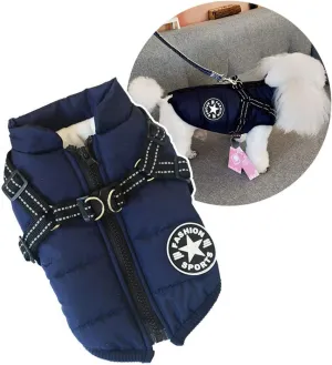 New Small Dog Jacket with Harness, Outdoor Dog Sport Vest, Outdoor Warm Pet Winter Coat Harness for Cats Puppy Small Dogs Sz L NAVY