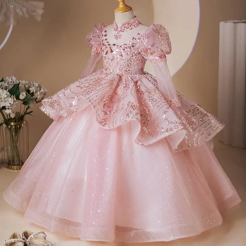 New style birthday party girl princess dress sequin pink elegant evening dress