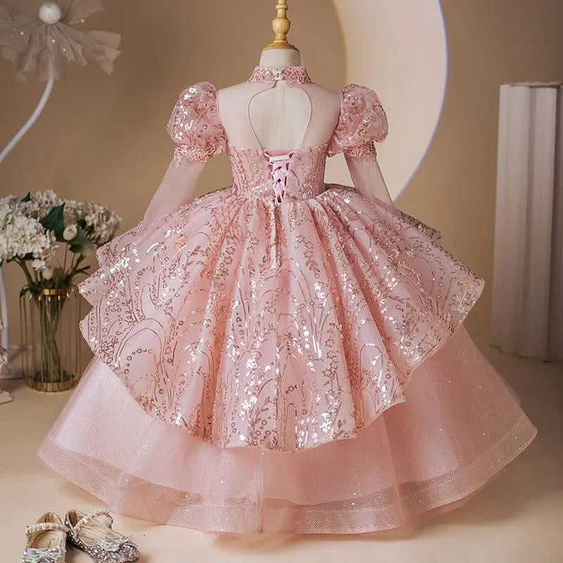 New style birthday party girl princess dress sequin pink elegant evening dress