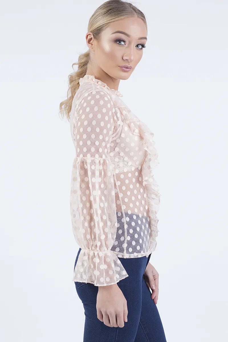 Nude Sheer Polka Dot Frill Blouse - Kaitlin