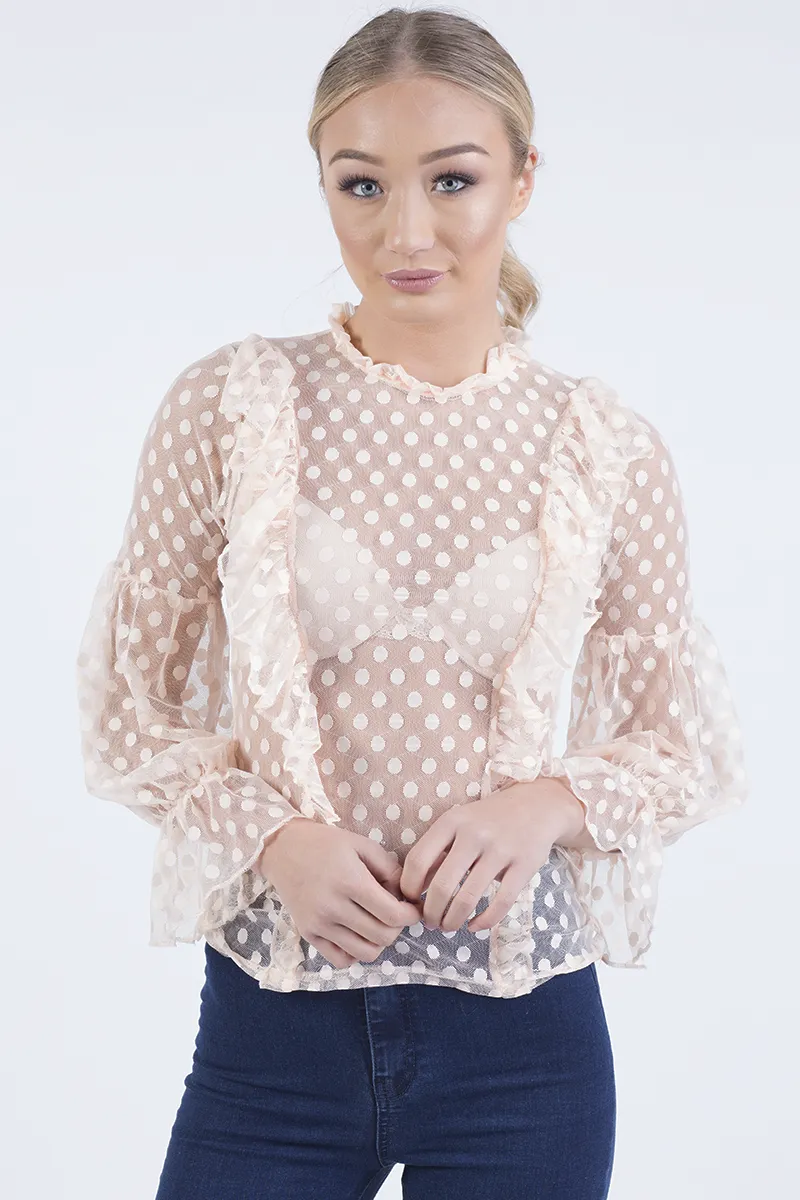 Nude Sheer Polka Dot Frill Blouse - Kaitlin