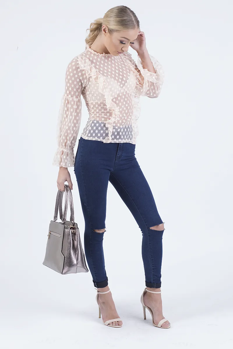 Nude Sheer Polka Dot Frill Blouse - Kaitlin