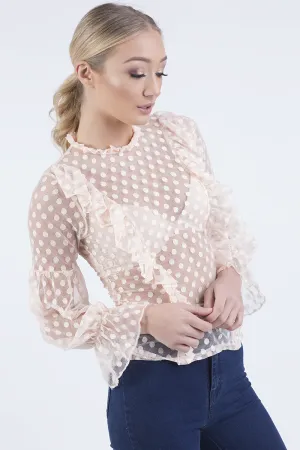 Nude Sheer Polka Dot Frill Blouse - Kaitlin