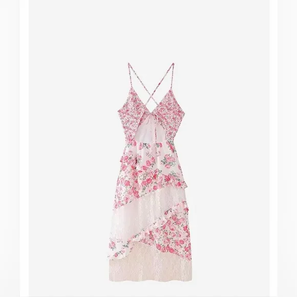 NWT-Floral and Lace Maxi V Neck Dress