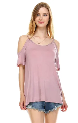 Off the Shoulder Tops with Back Tie and Neck Trimming Dusty Mauve
