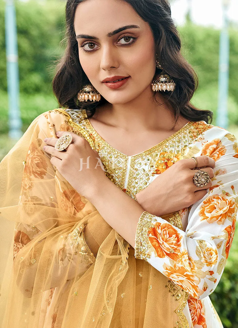 Off White Floral Print Gharara Suit