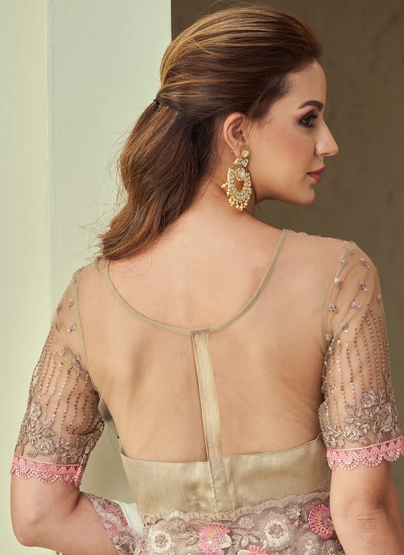 Off White Sequence Embroidery Designer Silk Saree