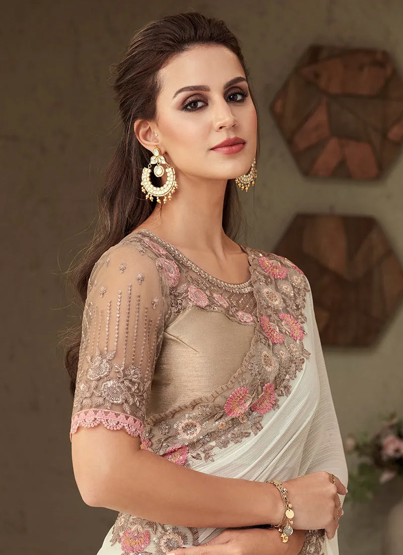 Off White Sequence Embroidery Designer Silk Saree