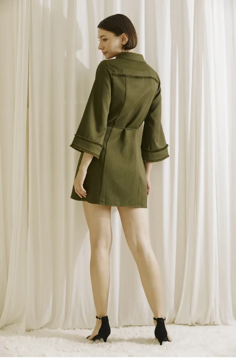 Olive Fringe Twill Mini Dress