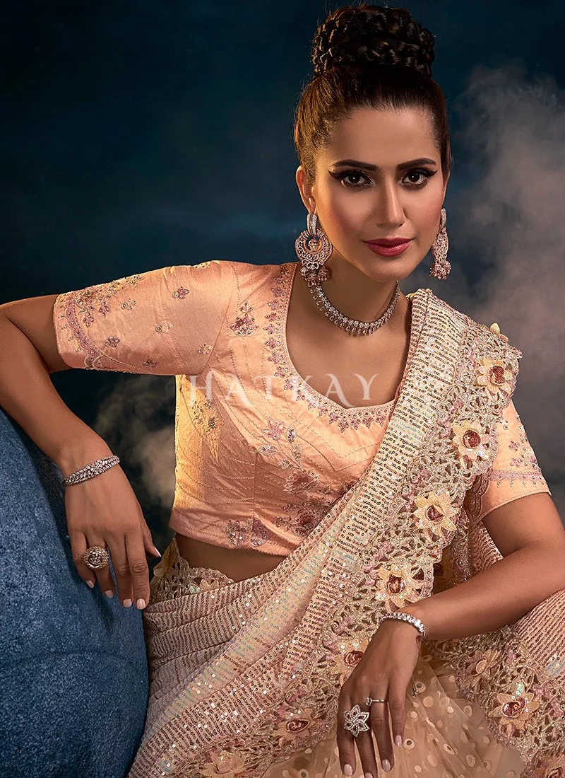 Pale Peach Sequence Embroidered Festive Saree