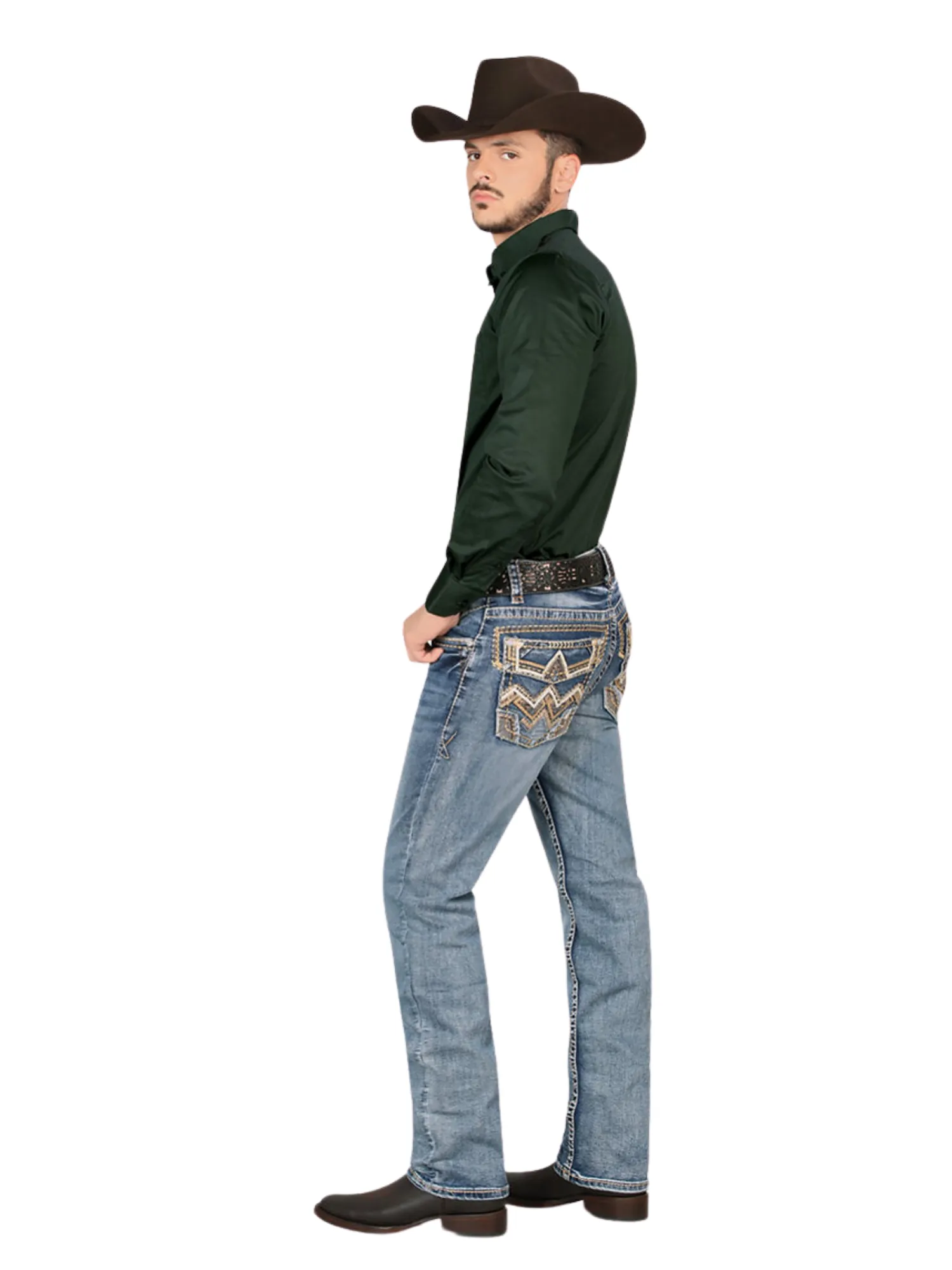 Pantalon Vaquero de Mezclilla Bordado Stretch Boot Cut para Hombre 'Montero' - ID: 4622