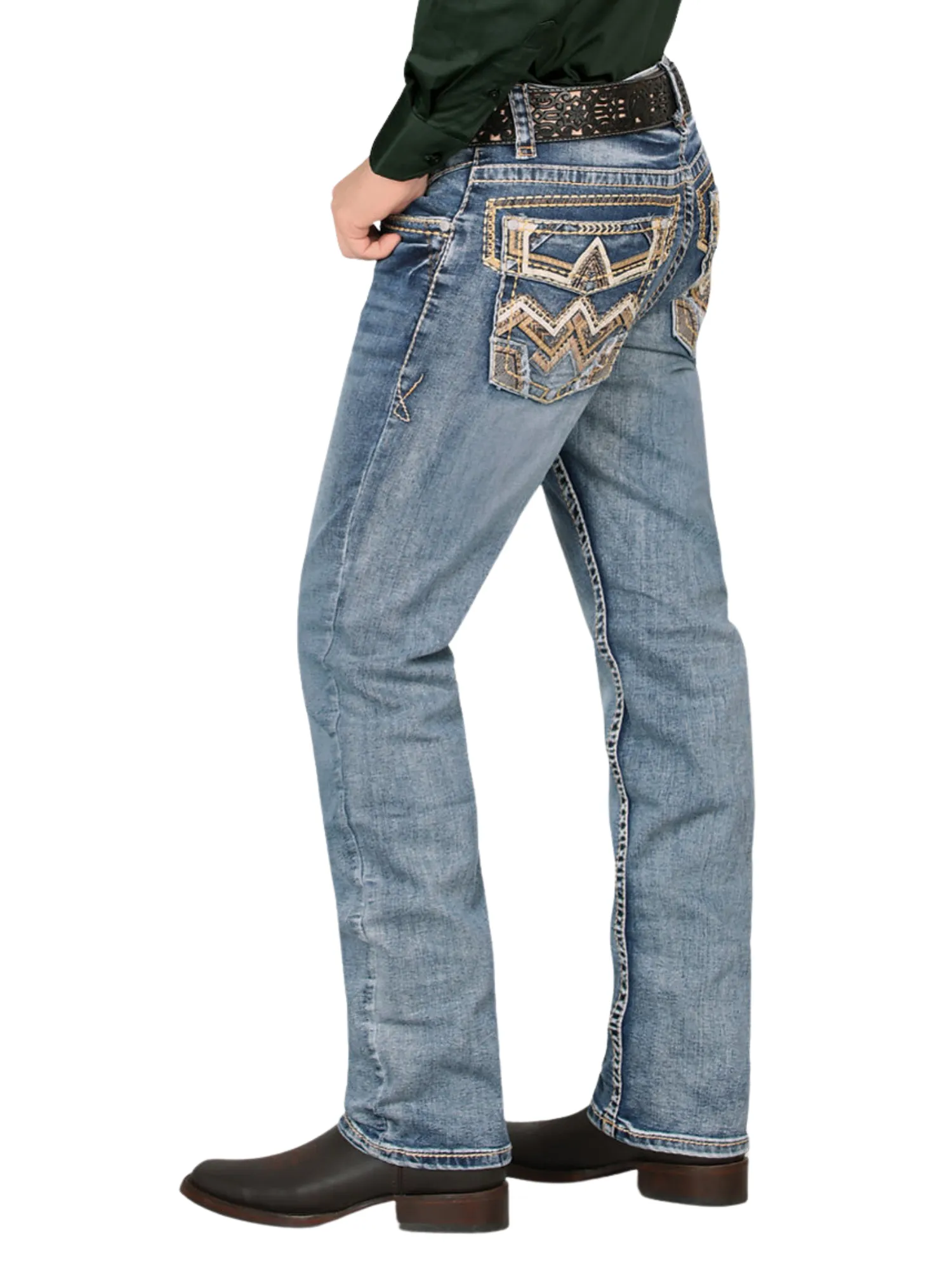 Pantalon Vaquero de Mezclilla Bordado Stretch Boot Cut para Hombre 'Montero' - ID: 4622