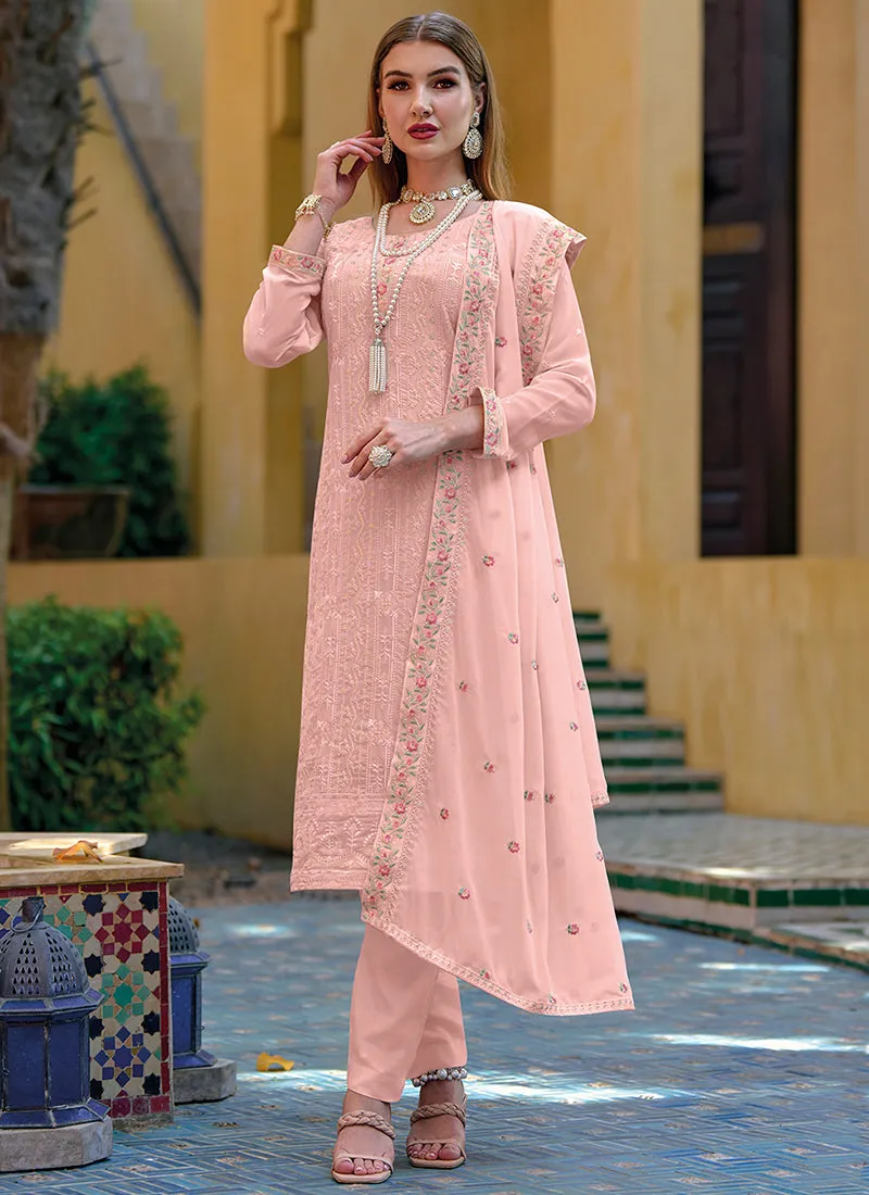 Peach Multi Embroidery Pakistani Pant Style Suit