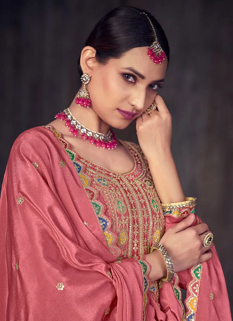 Peach Multi Embroidery Wedding Lehenga Kurti And Dupatta