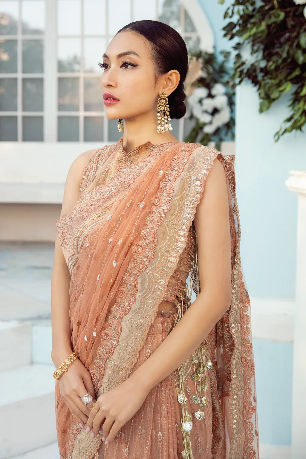 Peach Saree in Net with Elegant Embroidery Work #PF472