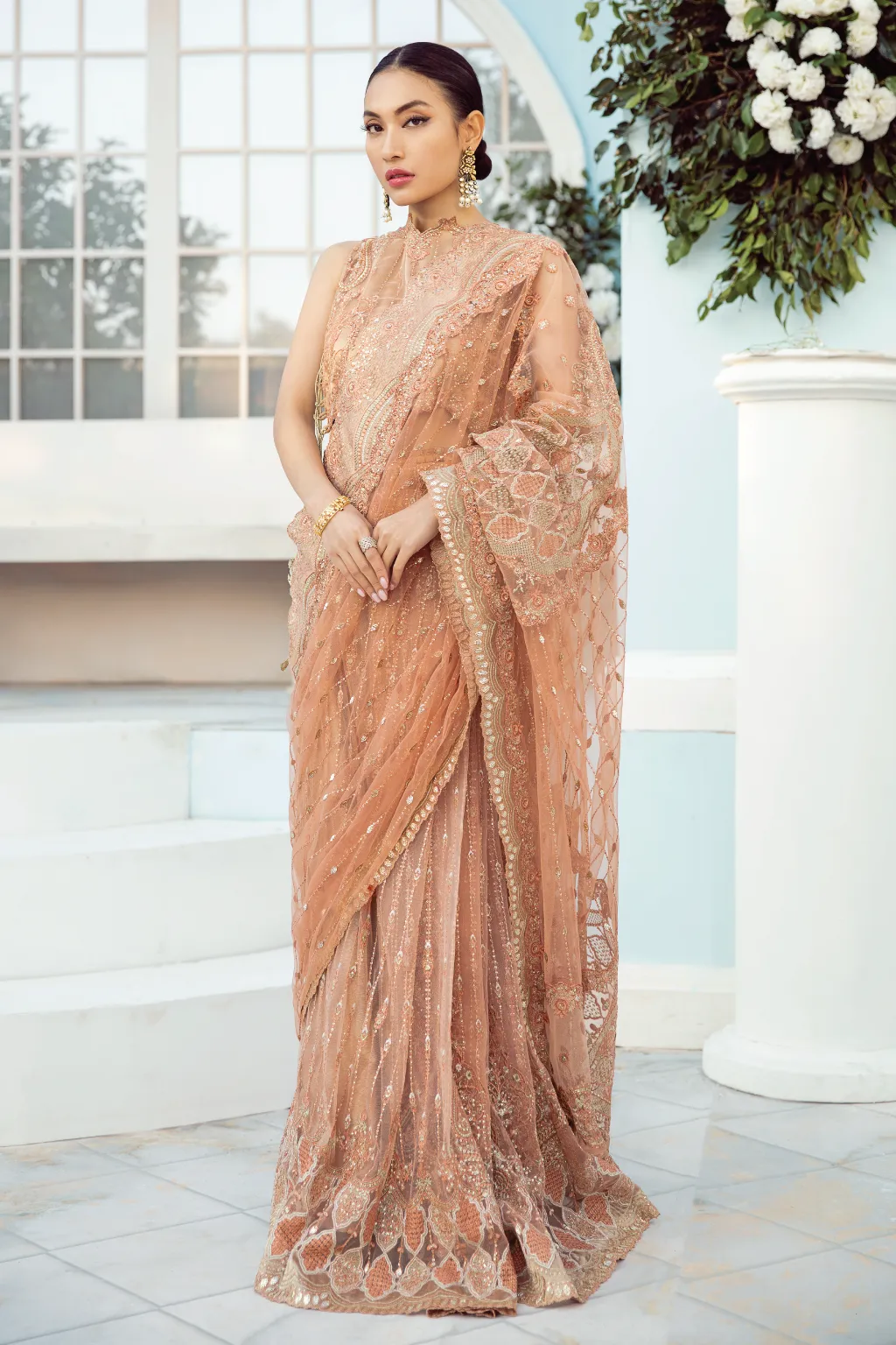 Peach Saree in Net with Elegant Embroidery Work #PF472